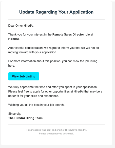 Application Status Email Example