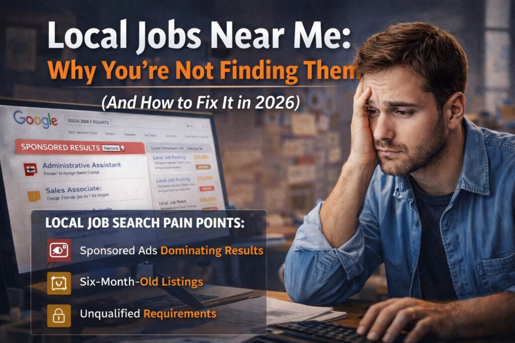 Frustrated job seeker looking at Google search results for local jobs showing sponsored listings, outdated job posts, and difficult requirements.