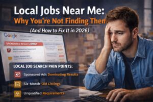Frustrated job seeker looking at Google search results for local jobs showing sponsored listings, outdated job posts, and difficult requirements.