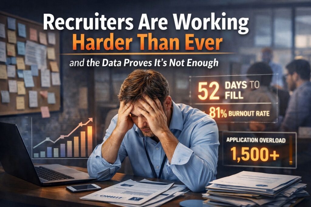 Overwhelmed recruiter reviewing resumes at a desk with hiring statistics showing 52 days to fill roles, 81% recruiter burnout rate, and application overload.