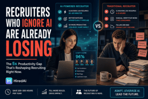 AI-powered recruiter compared to traditional recruiter showing 5x productivity gains in resume screening, candidate sourcing, and hiring workflow automation.